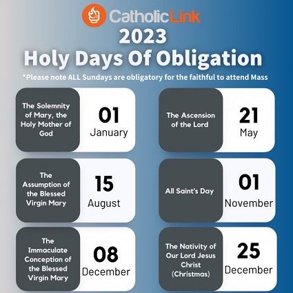 Days of Obligation For Catholics, there are six Holy Days of Obligation in the Year of Our Lord 2023.